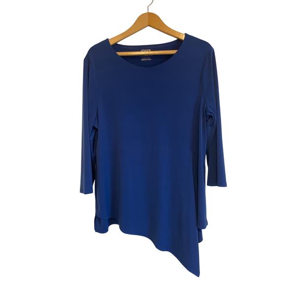 Chico's The Ultimate Tee blue 3/4 sleeve asymetrical liquid knit top 2 US L 12 - Picture 1 of 9